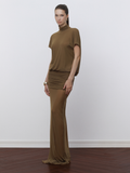 Brown Mesh Turtleneck Backless Dress