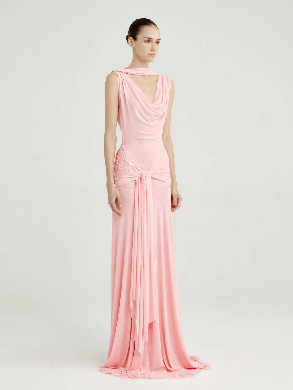 Pink Mesh Stretch Dress SN with Draped Neck