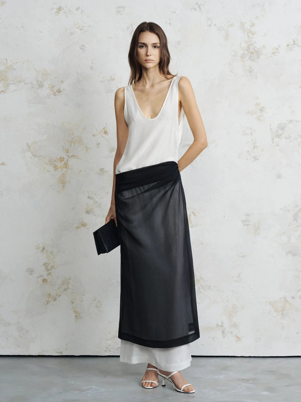 White Silk Sleeveless Dress with Black Silk Trim