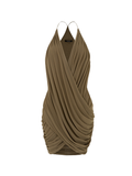 Brown Mesh Dress with Ruched V-Neck