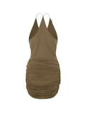 Brown Mesh Dress with Ruched V-Neck