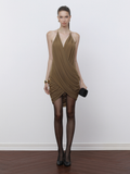 Brown Mesh Dress with Ruched V-Neck
