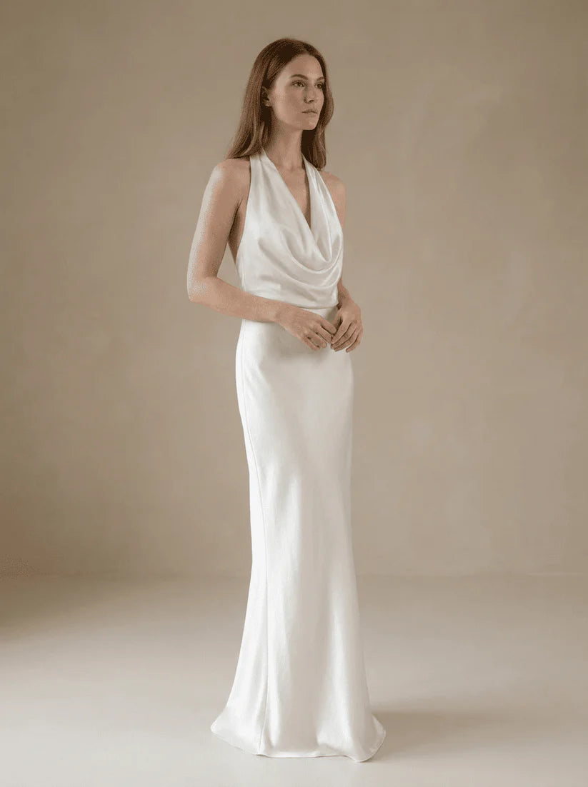 Halter Cowl-Neck Satin Gown