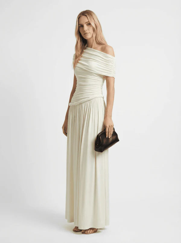 Ivory Off-Shoulder Draped Maxi Dress