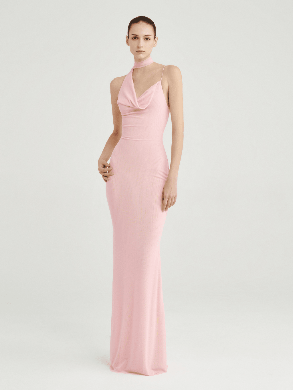 Mesh Halter-Neck Cowl Gown