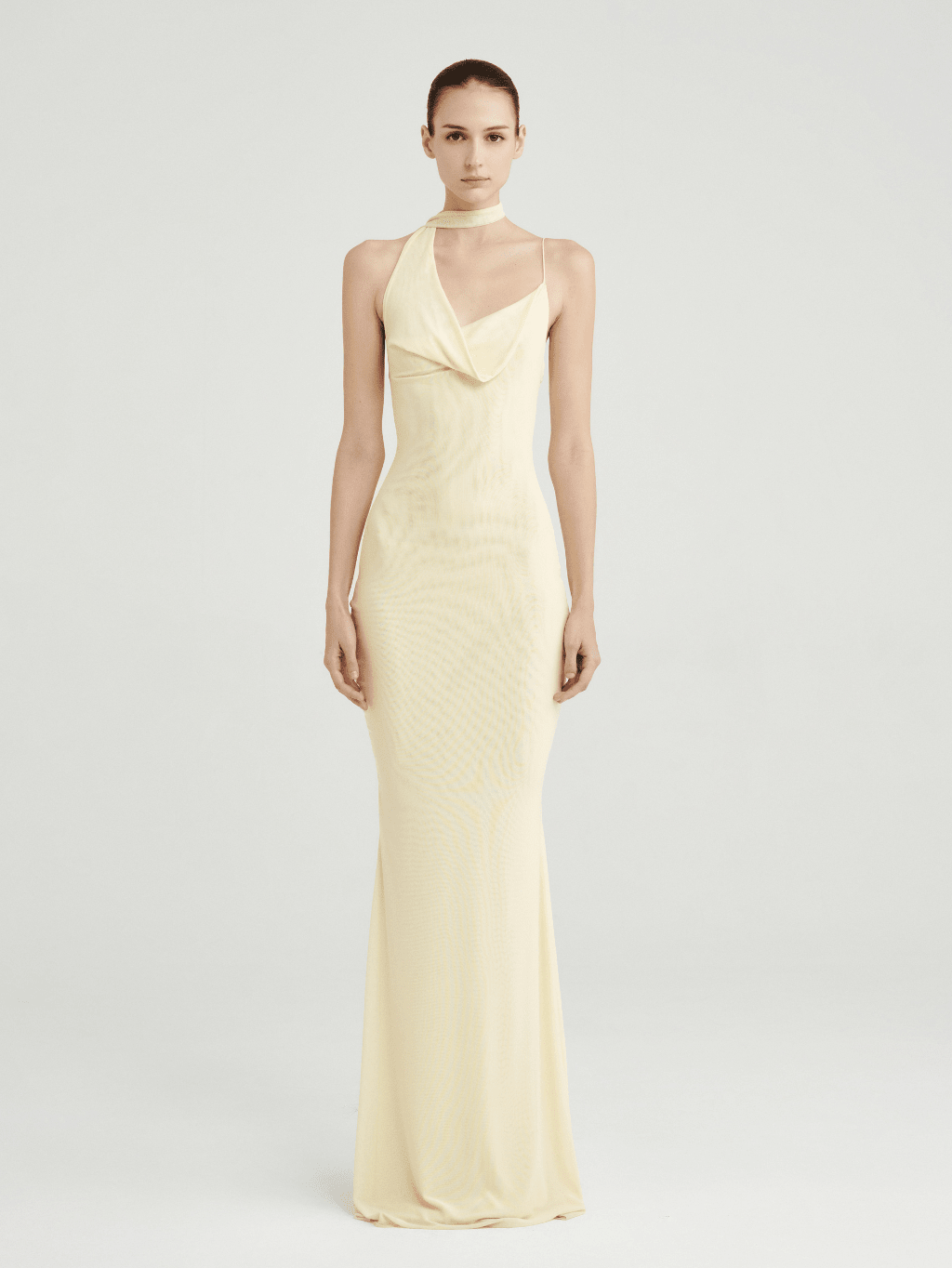 Mesh Halter-Neck Cowl Gown