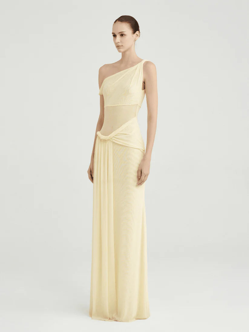 Mesh One-Shoulder Draped Gown