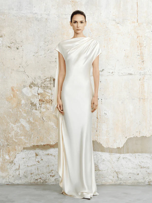 The Odette Asymmetric Satin Maxi Dress