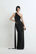 The One-Shoulder Draped Gown with Metal Accent